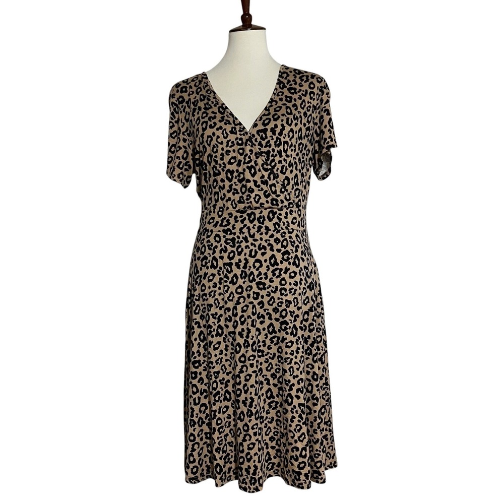 DB Moon Womens XL Leopard Print Short Sleeve Wrap V-Neck Midi Dress Tan Black